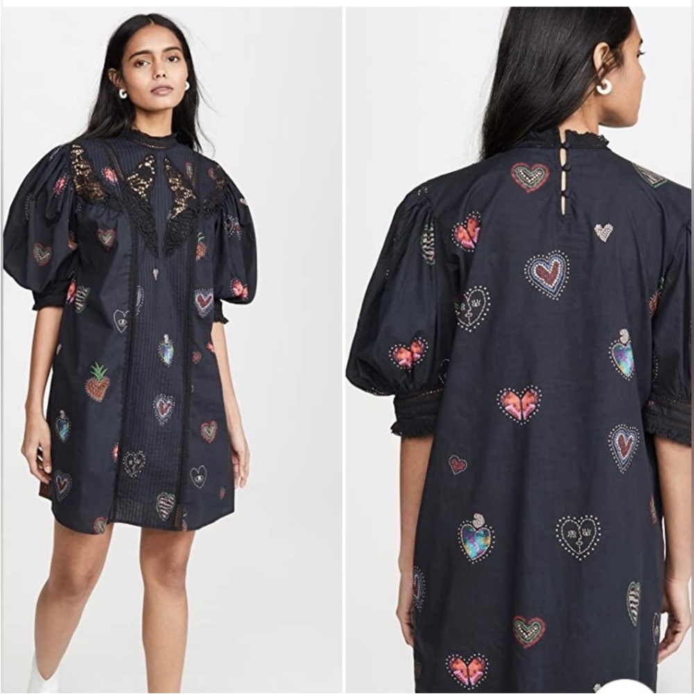 FARM Rio Black A-line Dress with Puff Sleeves and Mock Neck